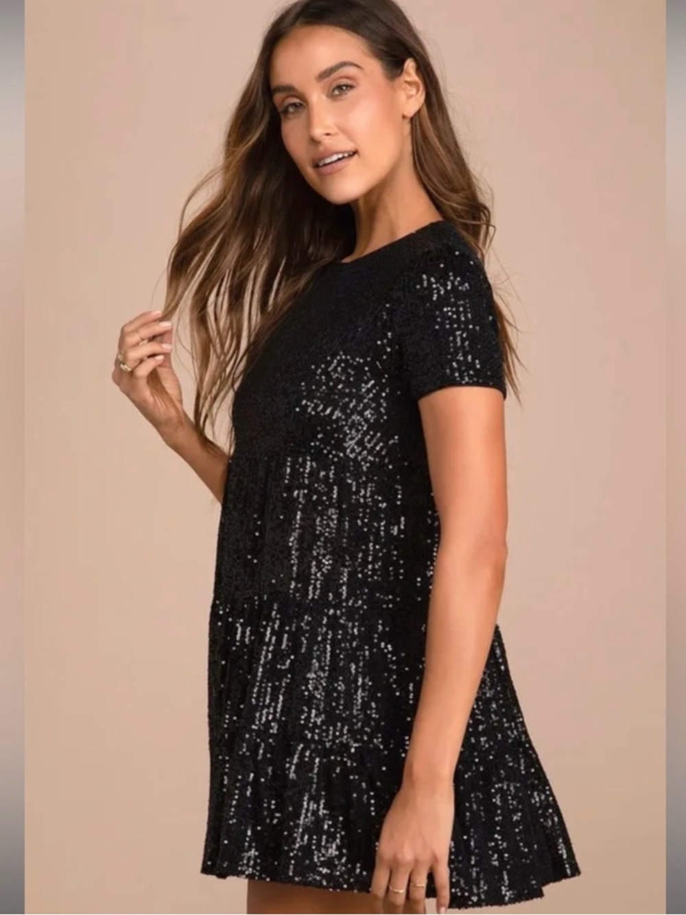 Lulus taking a shine Black Sequin Short Sleeve Swing Dress - Picture 3 of 4